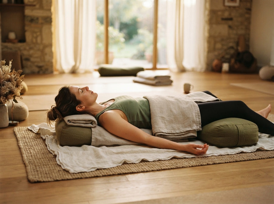 Restorative yoga with bolsters and soft light