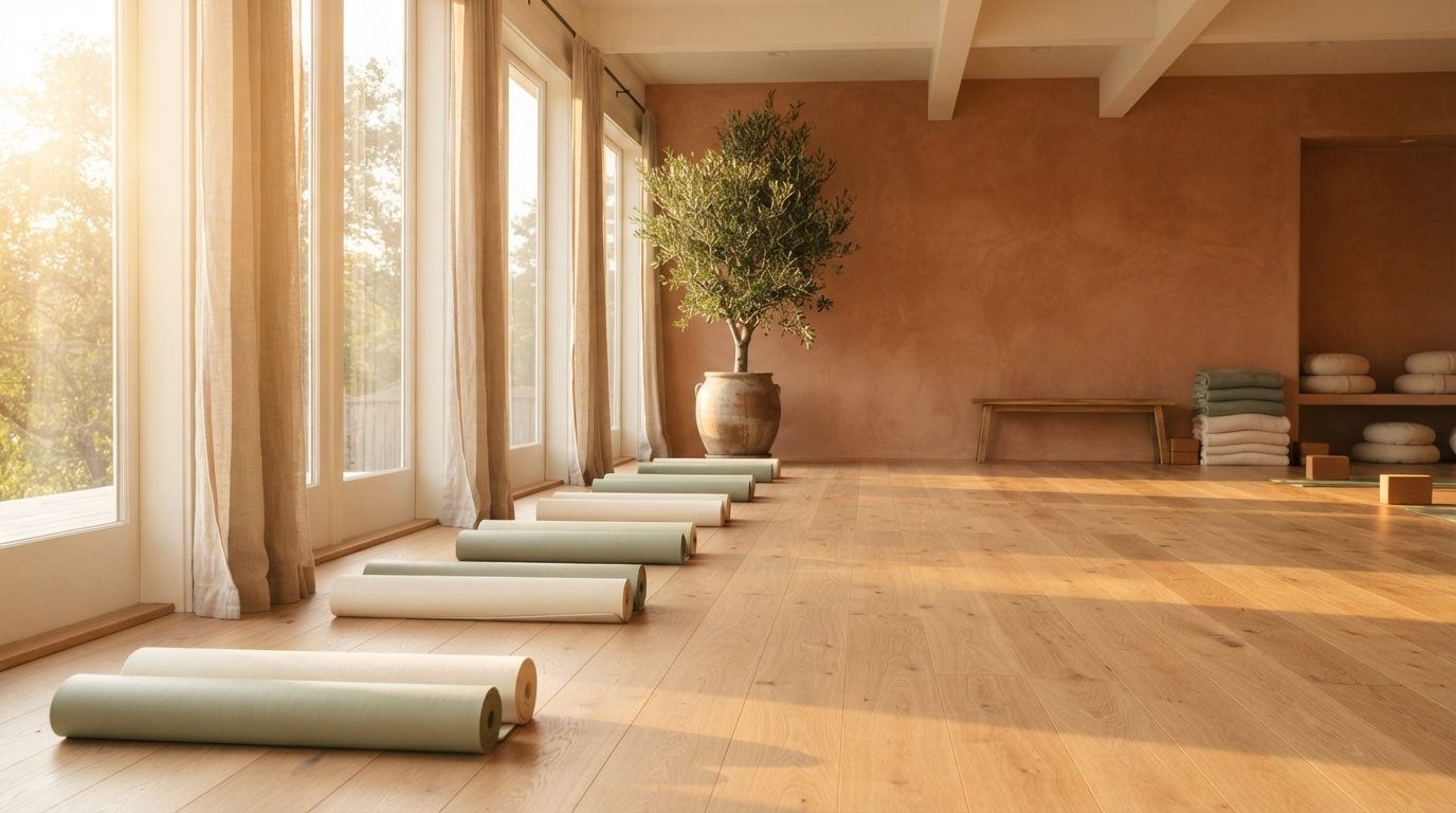 Sunlit yoga studio with rolled mats and warm terracotta walls