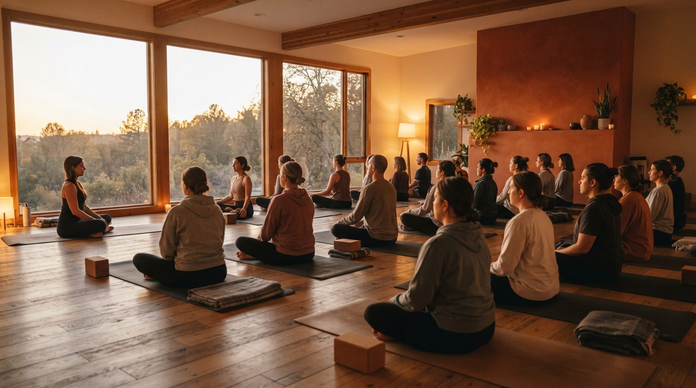 Evening class gathered on mats facing large windows