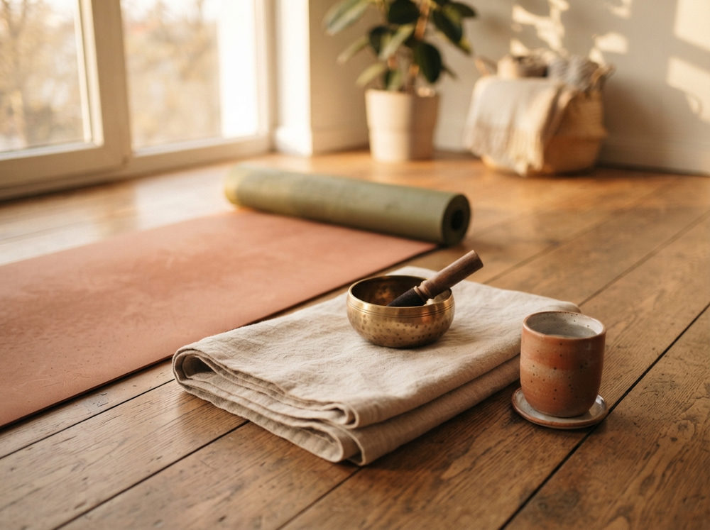 Studio still life with mat, singing bowl, and linen